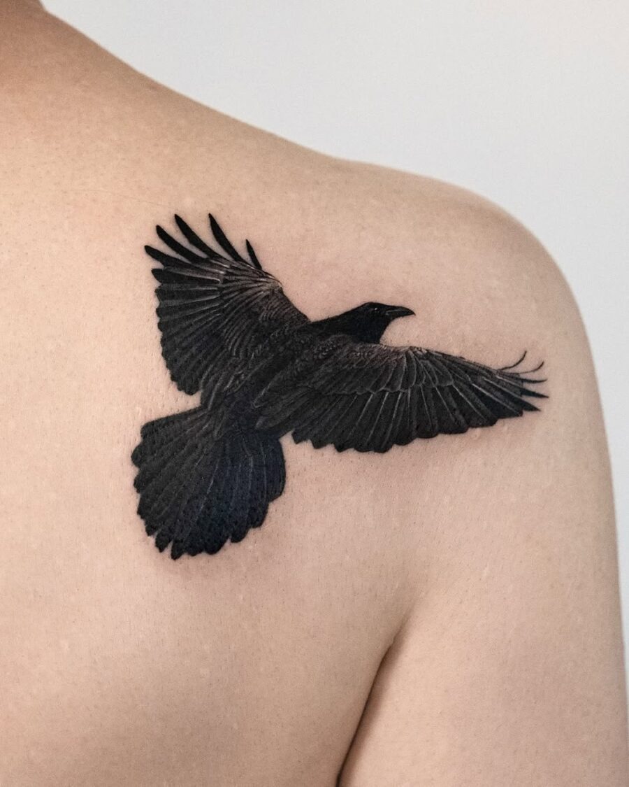 Majestic raven tattoo with spread wings Tattoo Design