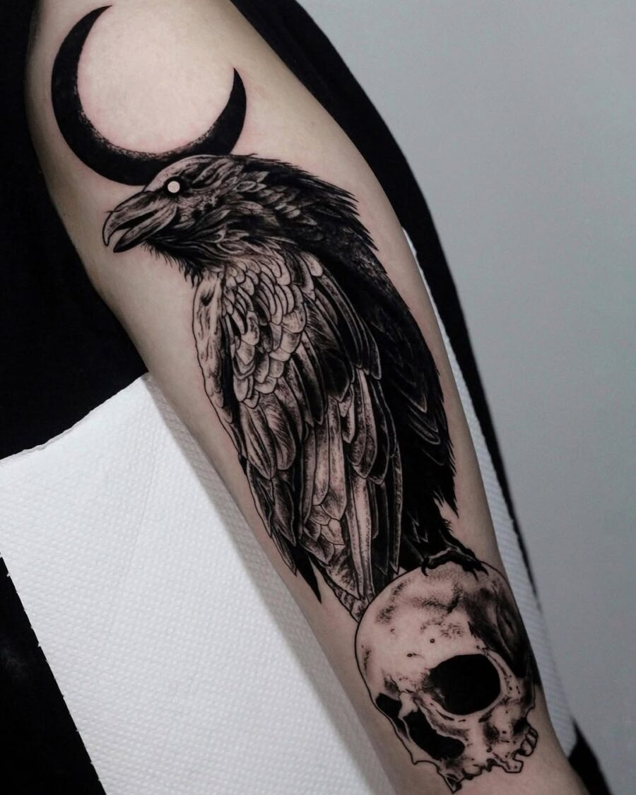 Mystical raven tattoo with moon and skull Tattoo Design
