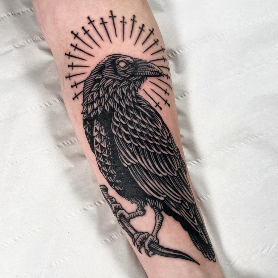 Raven Tattoo with Intricate Cross Designs Tattoo Design