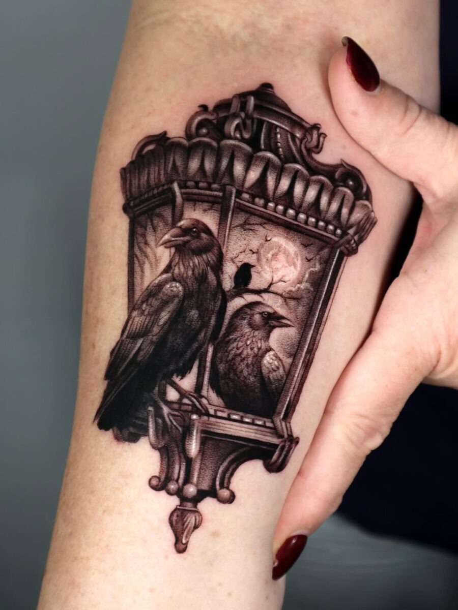 Striking portraits of ravens in lantern art Tattoo Design
