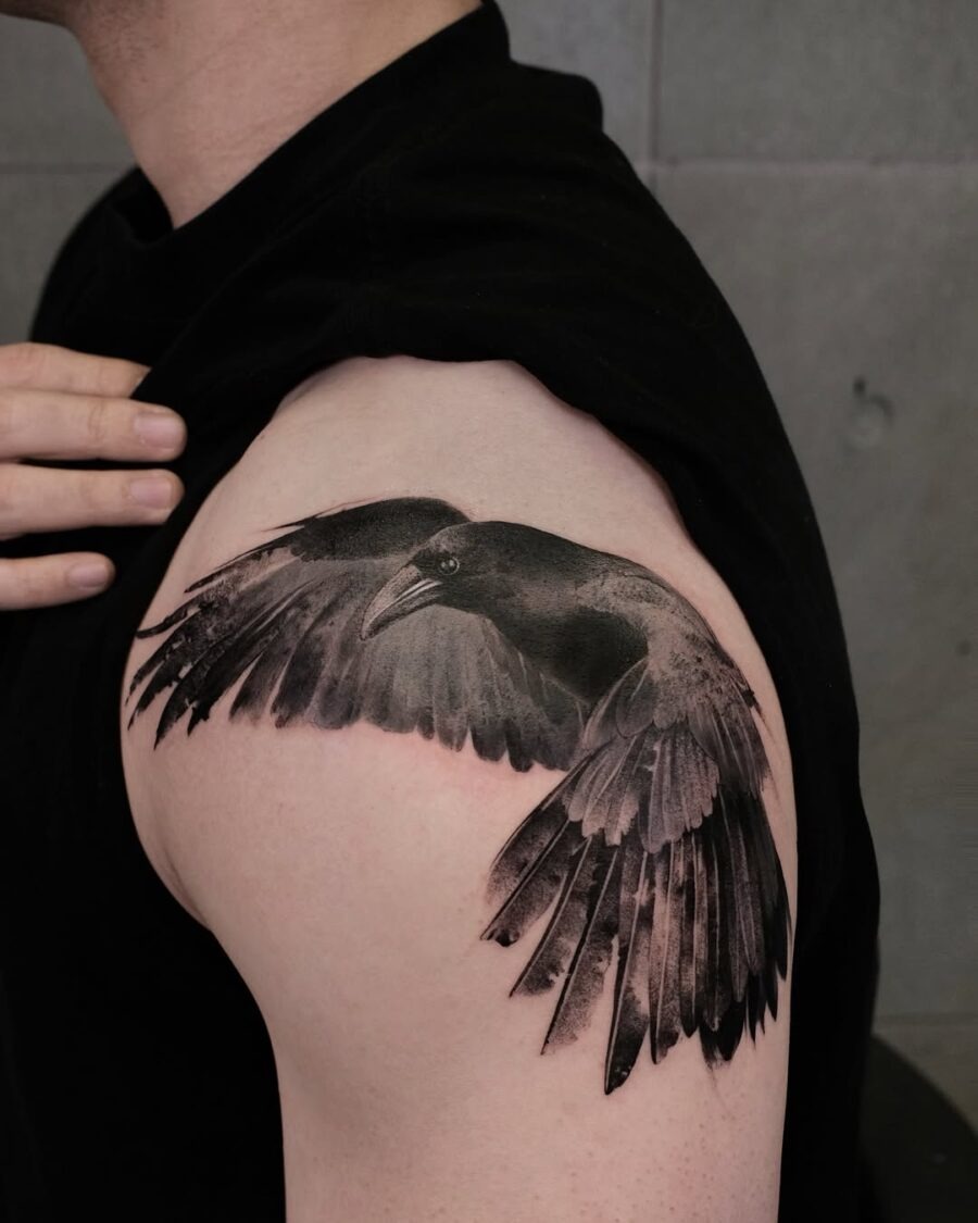 Striking raven tattoo showcasing dynamic wing movement Tattoo Design