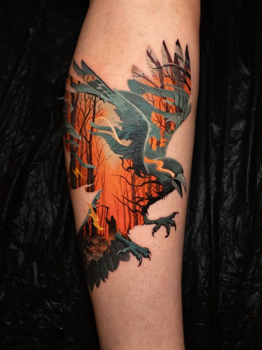 Striking raven tattoo with eerie forest backdrop Tattoo Design