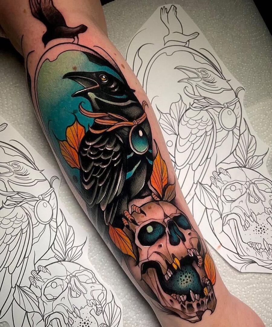 Striking raven tattoo with vibrant colors Tattoo Design