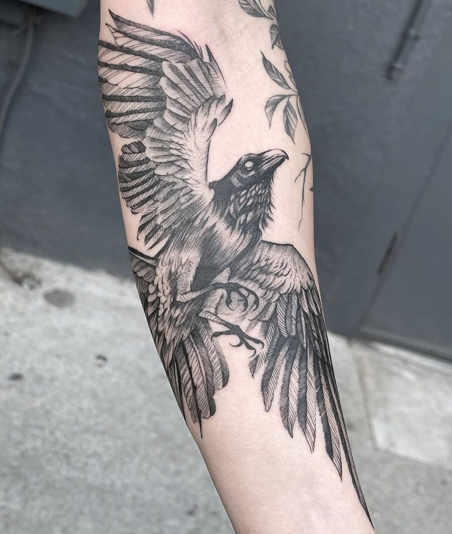Stunning black and gray raven in flight tattoo Tattoo Design