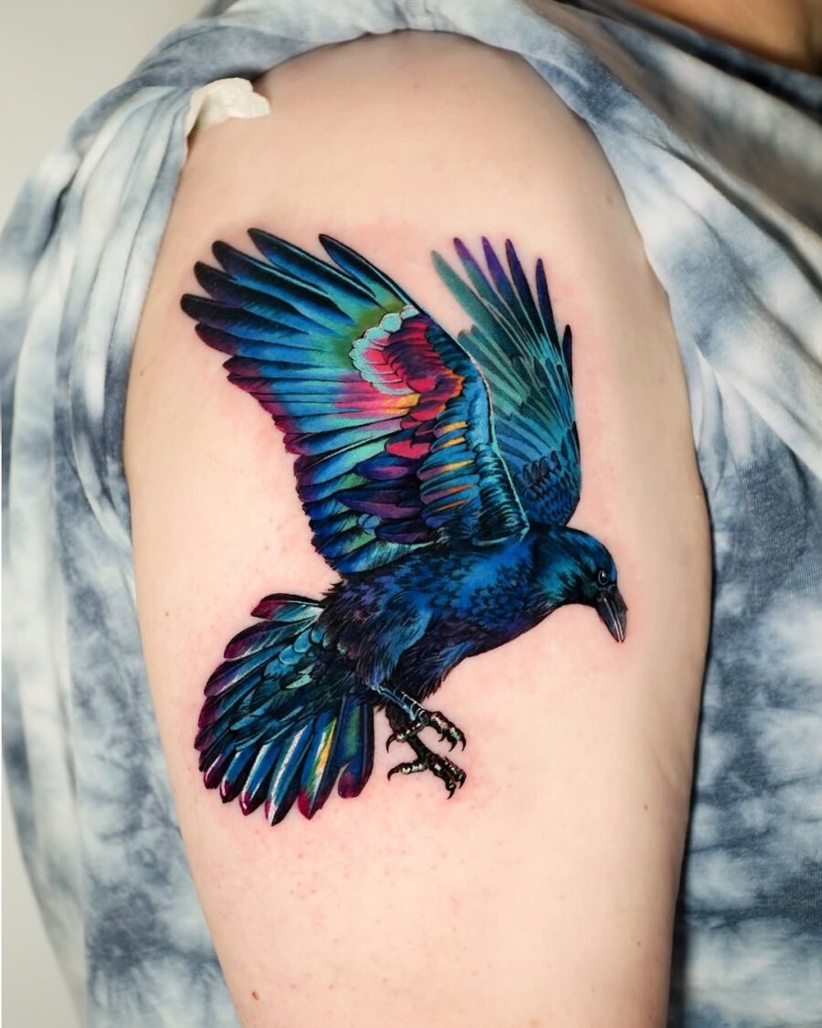 Stunning Colorful Raven Tattoo with Spreading Wings Tattoo Design