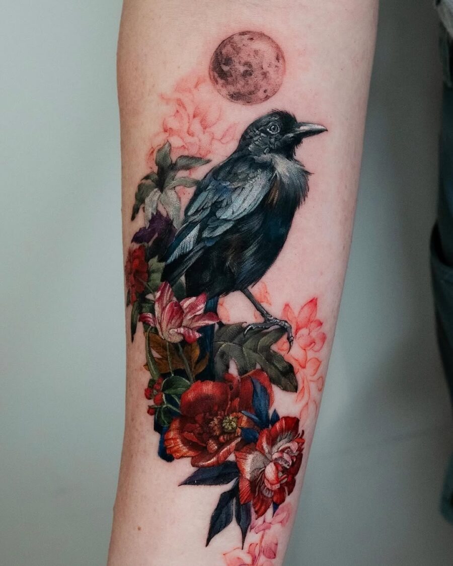 Stunning raven tattoo amidst vibrant floral elements Tattoo Design