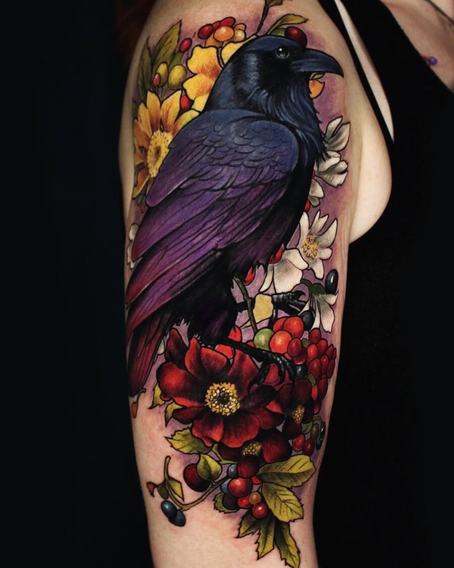 Stunning raven tattoo with floral elements Tattoo Design