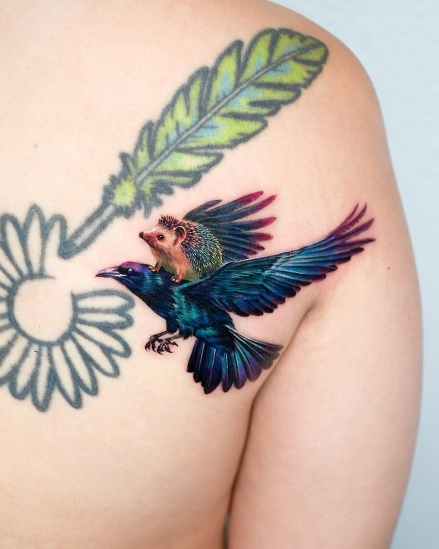 Unique Raven and Hedgehog Tattoo Design Tattoo Design