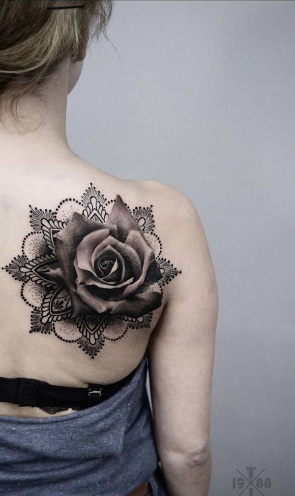 Black rose tattoo on back of girl’s right shoulder Tattoo Design