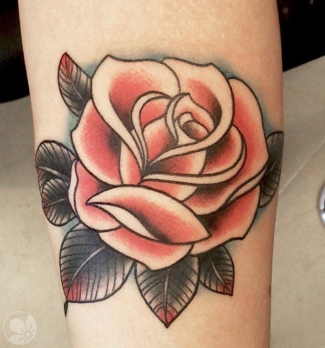 Cool Colored Red Rose Tattoo Just Below A Guys Upper Arm Tattoo Design