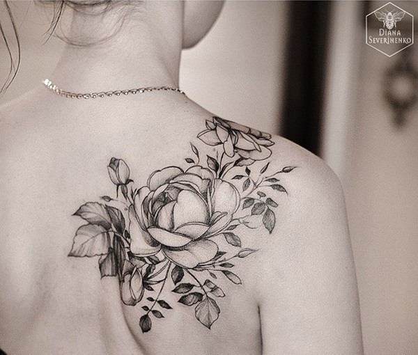 Flat black and gray rose bush Tattoo Design