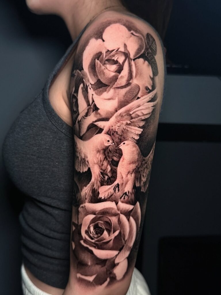 Black and Grey Rose and Doves Sleeve Tattoo Tattoo Design