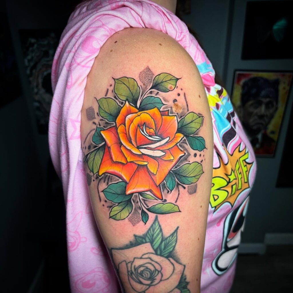 Bold Neo-Traditional Orange Rose Tattoo on Shoulder Tattoo Design
