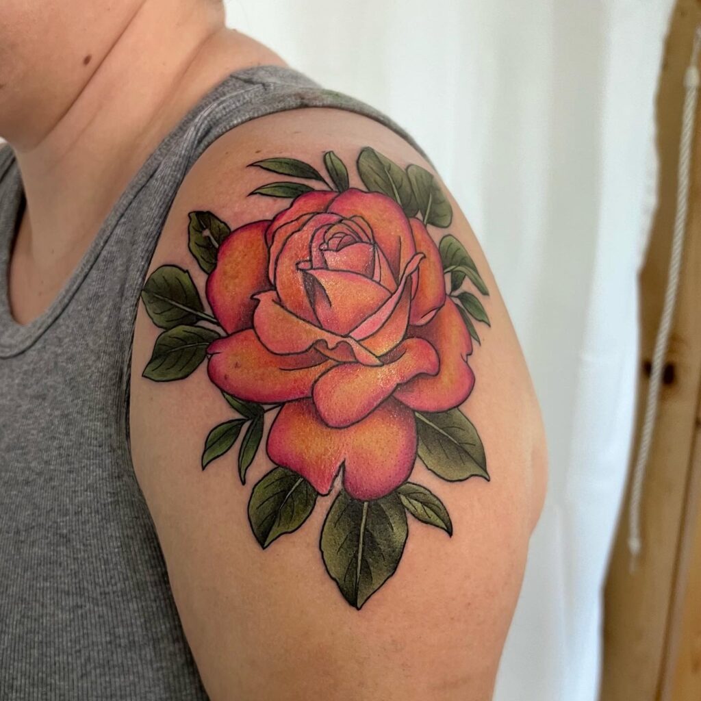 Bold Orange Rose Tattoo on Upper Arm Tattoo Design