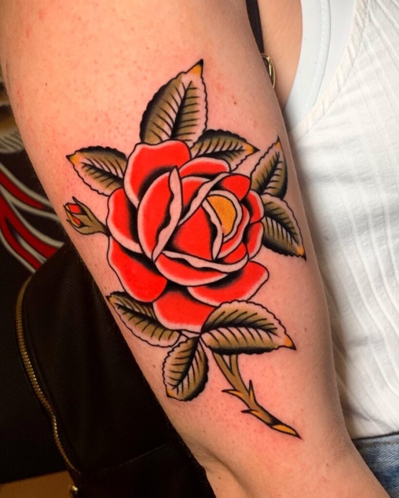Bold Traditional Red Rose Tattoo Tattoo Design