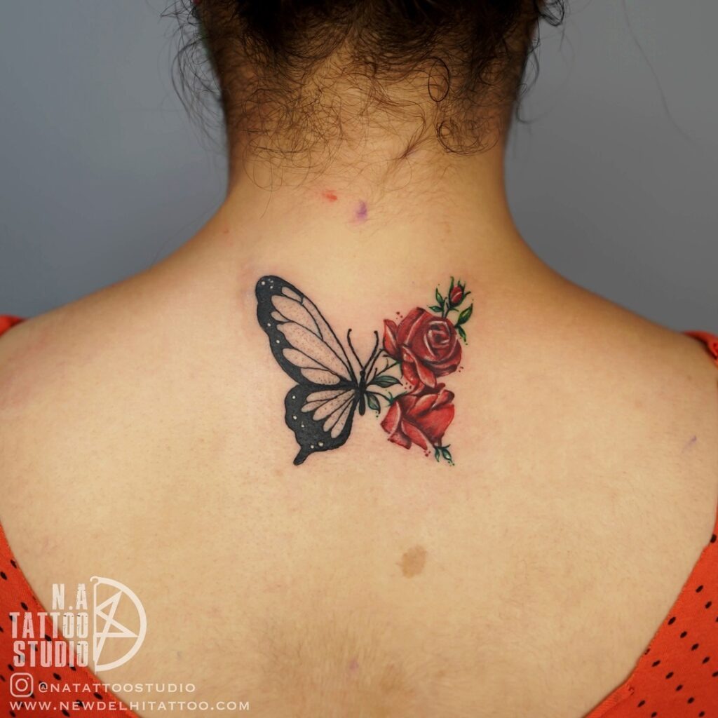 Butterfly and Red Roses Tattoo on Back Tattoo Design