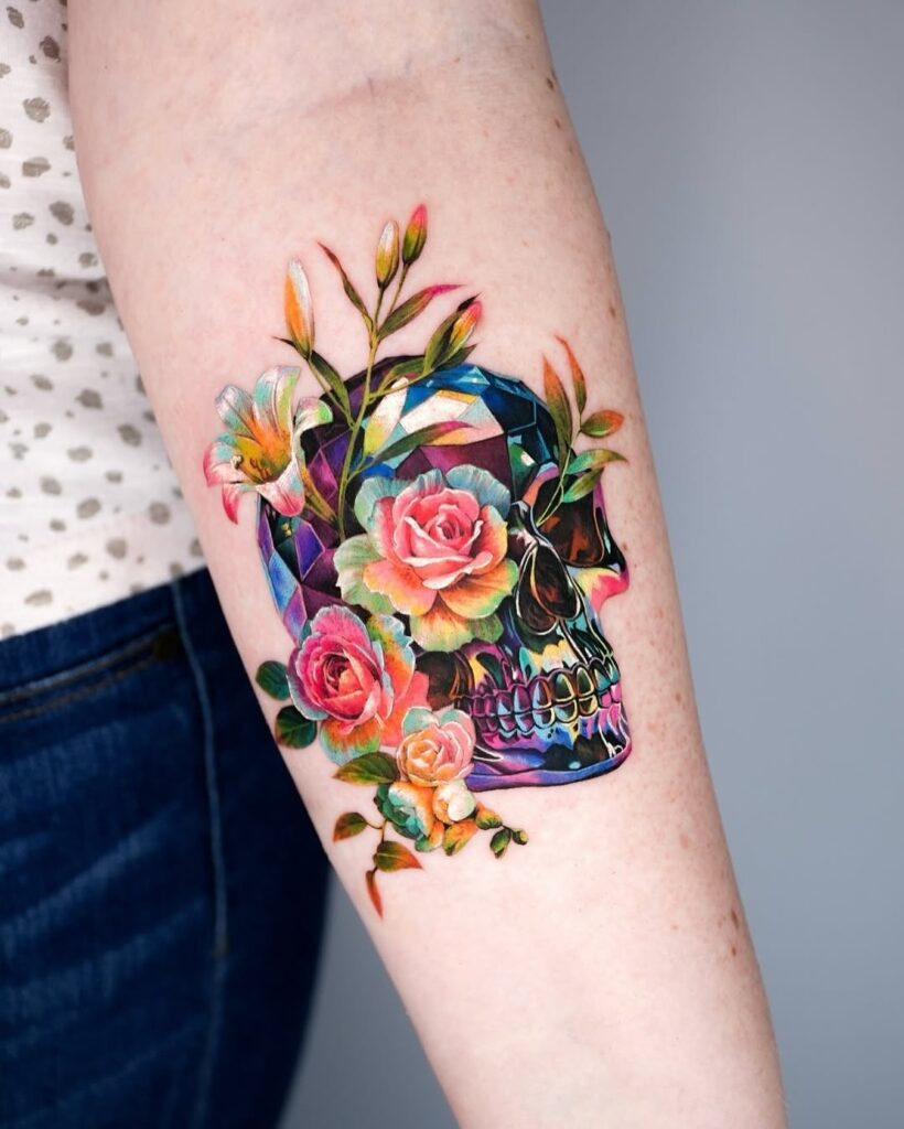 Colorful Rose and Skull Tattoo on Forearm Tattoo Design