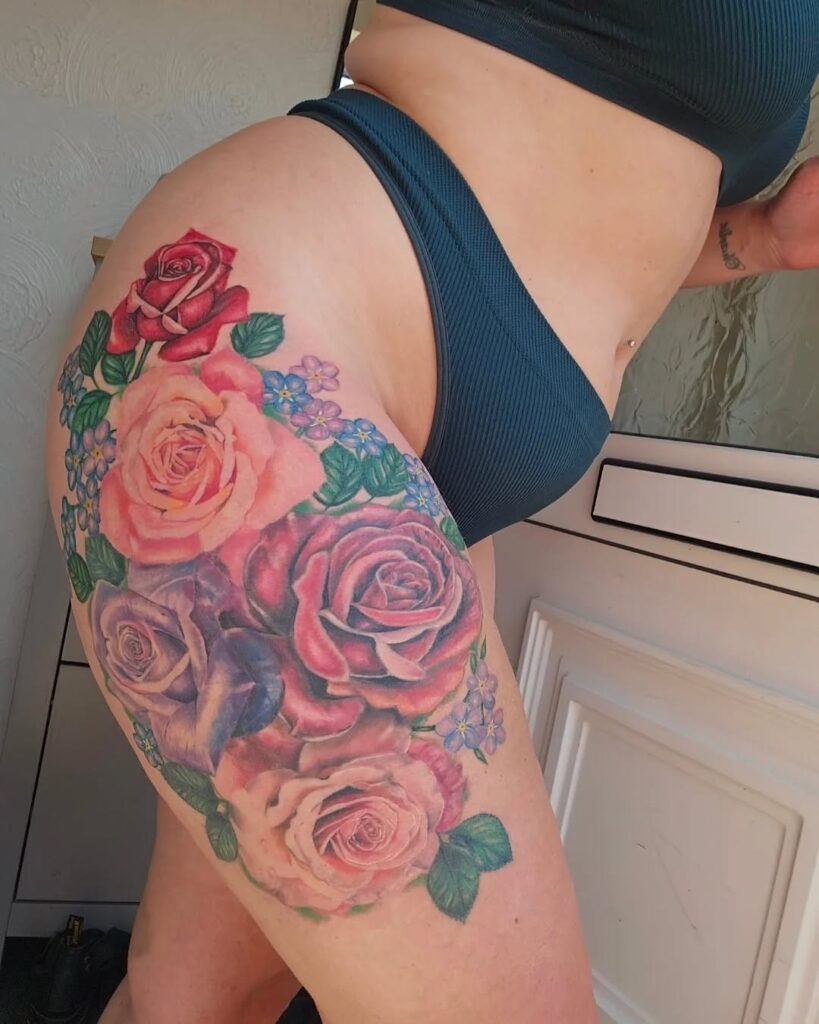 Colorful Rose Bouquet Thigh Tattoo Tattoo Design