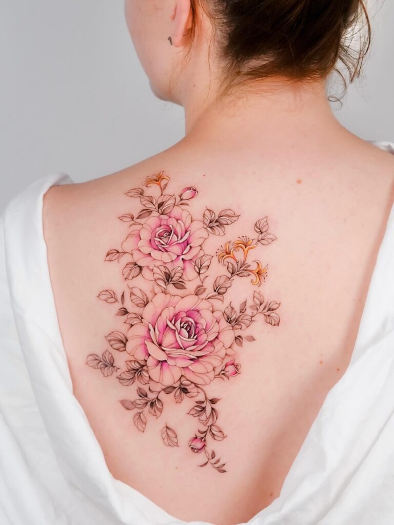 Elegant Pink Rose Tattoo on Back Tattoo Design