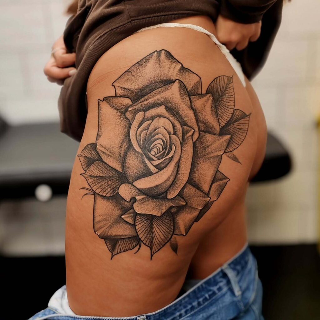 Large Dotwork Rose Tattoo on Hip Tattoo Design