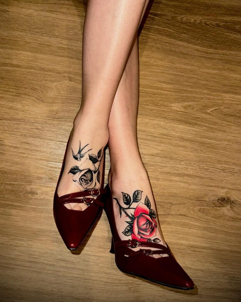 Matching Rose and Bird Tattoos on Ankles Tattoo Design