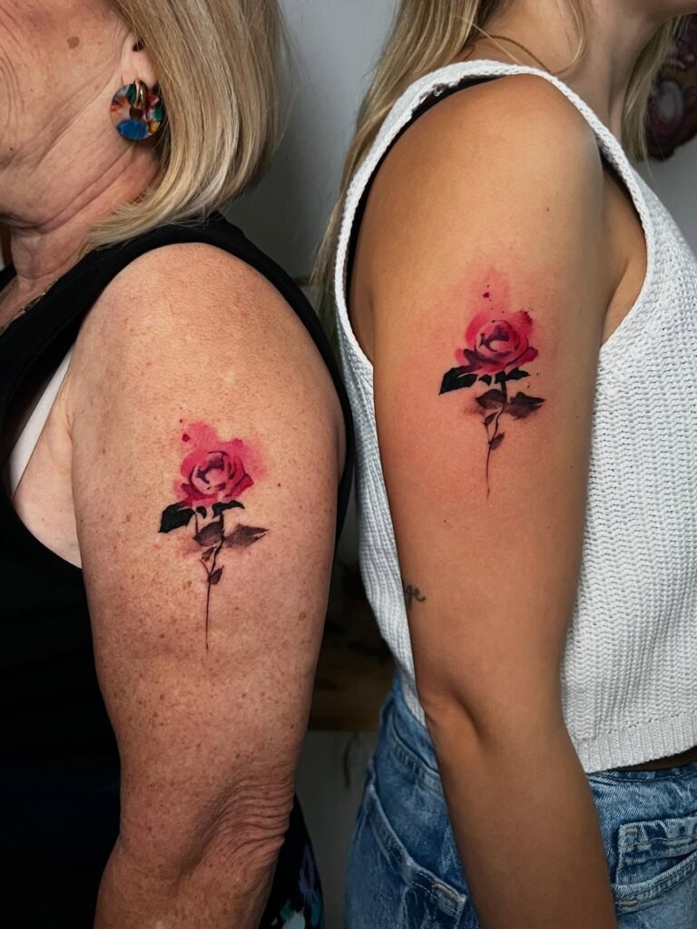 Matching Watercolor Rose Tattoos for Mother and Daughter Tattoo Design