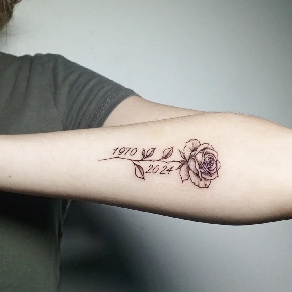 Memorial Rose Tattoo with Dates on Forearm Tattoo Design