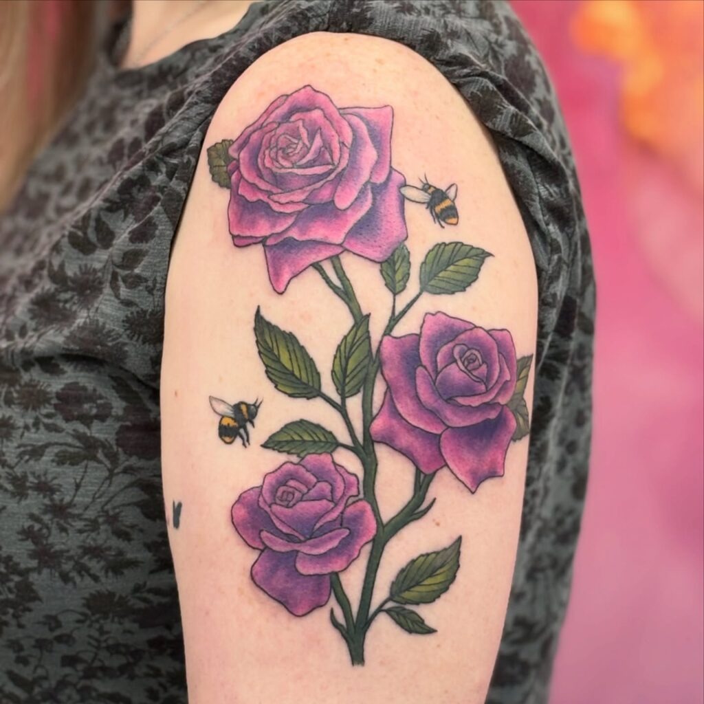 Purple Rose and Bees Tattoo on Upper Arm Tattoo Design