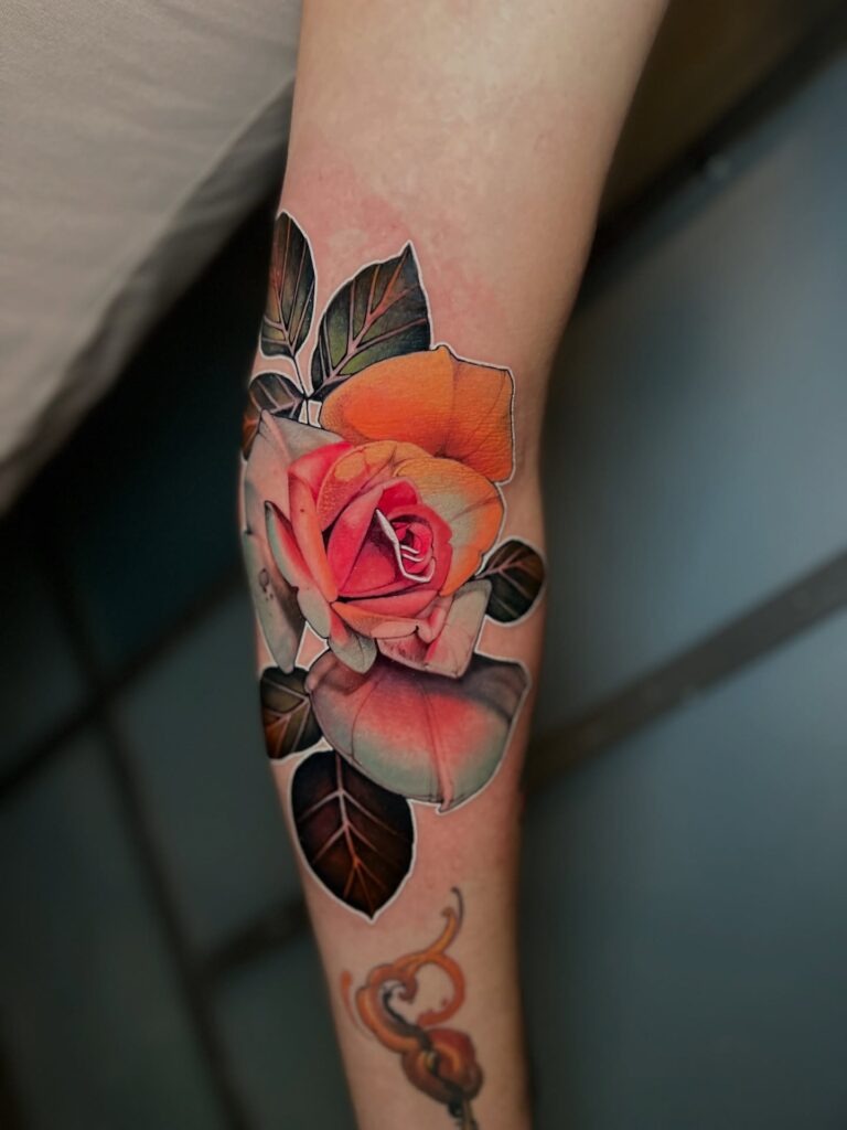 Realistic Orange and Pink Rose Tattoo on Forearm Tattoo Design
