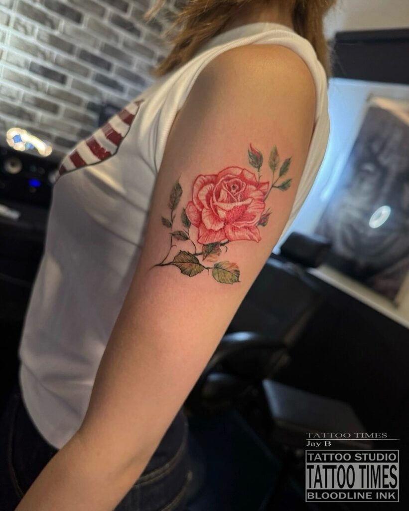 Realistic Red Rose Tattoo on Upper Arm Tattoo Design