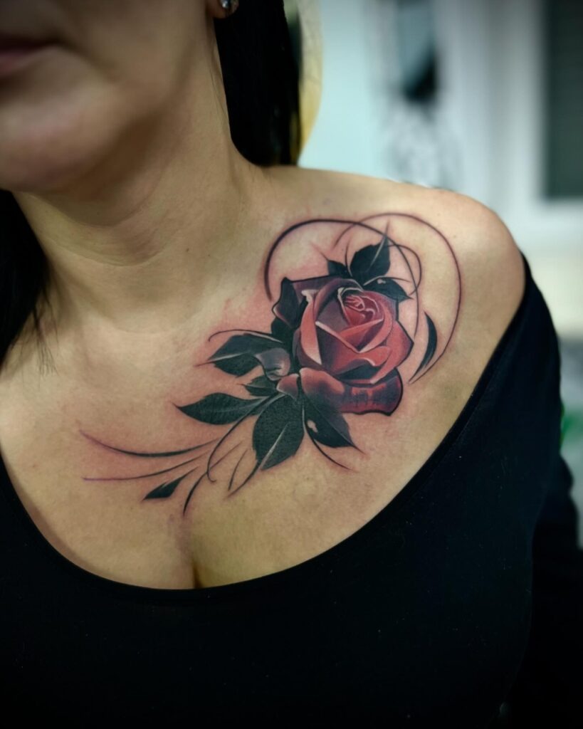 Red Rose and Abstract Linework Tattoo on Chest Tattoo Design