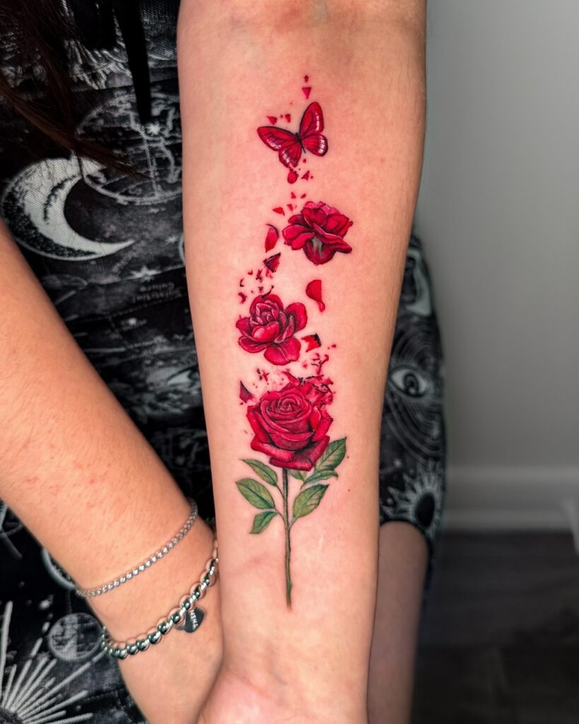 Red Rose and Butterfly Tattoo on Forearm Tattoo Design