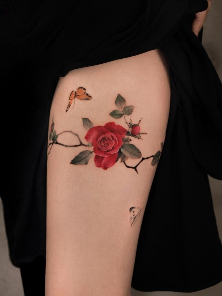 Red Rose and Butterfly Tattoo on Thigh Tattoo Design