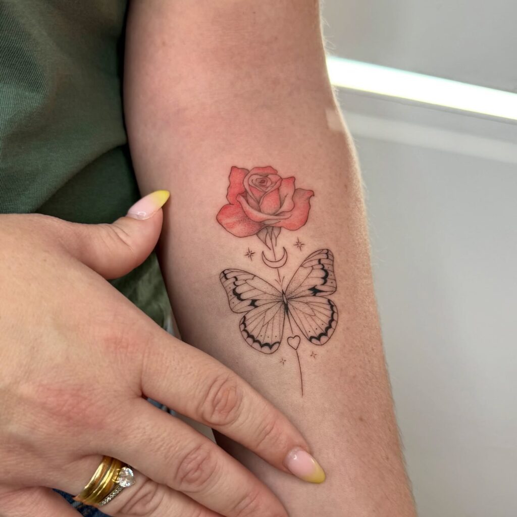 Rose and Butterfly Tattoo with Moon and Heart Details Tattoo Design