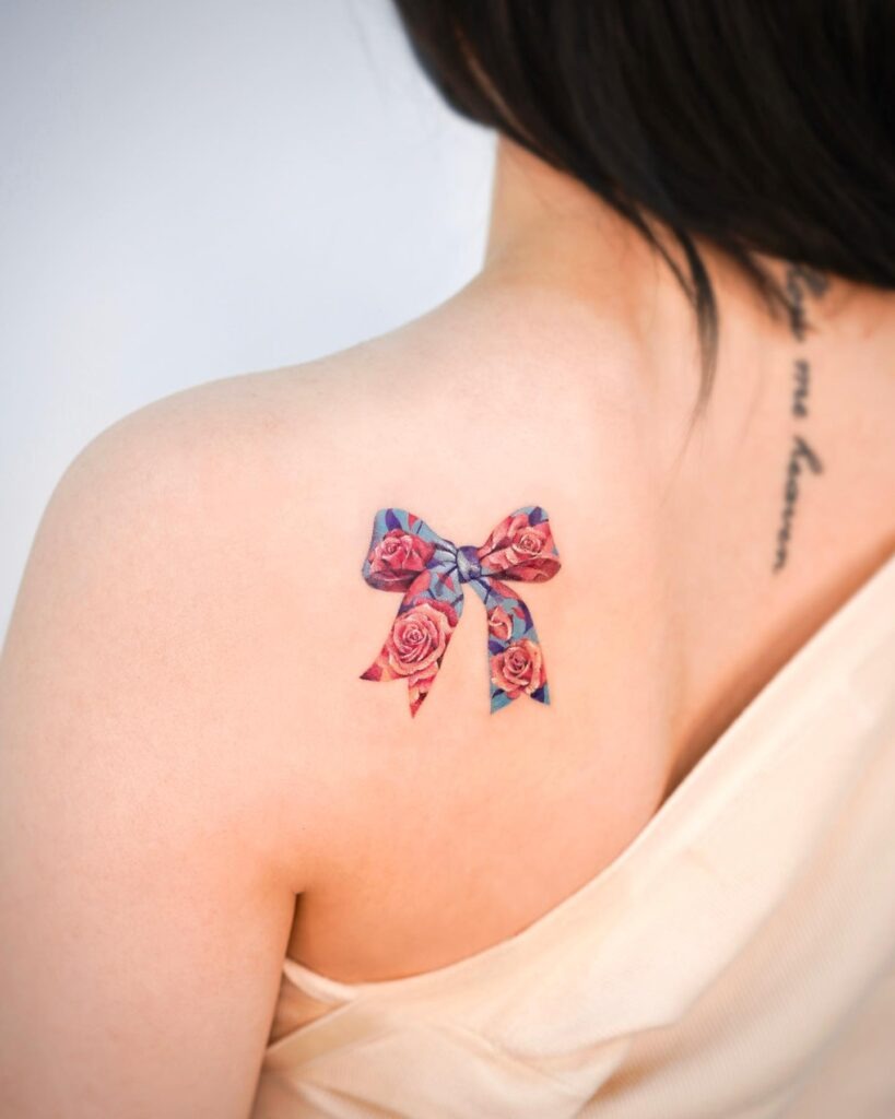 Rose Bow Tattoo on Shoulder Blade Tattoo Design