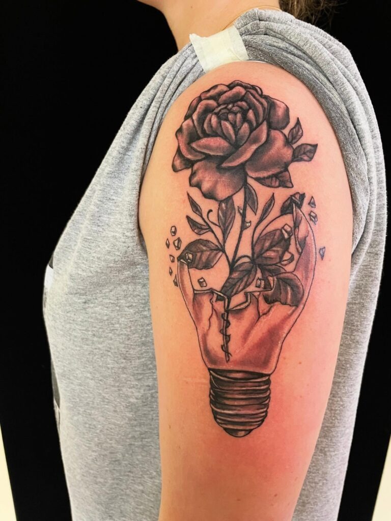 Rose Growing from Broken Light Bulb Tattoo Tattoo Design