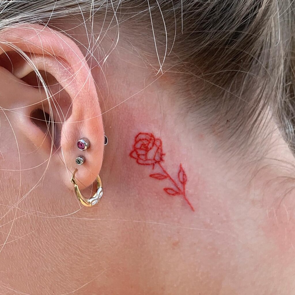 Small Red Rose Tattoo Behind the Ear Tattoo Design