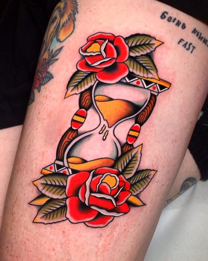 Traditional Hourglass and Roses Tattoo Tattoo Design