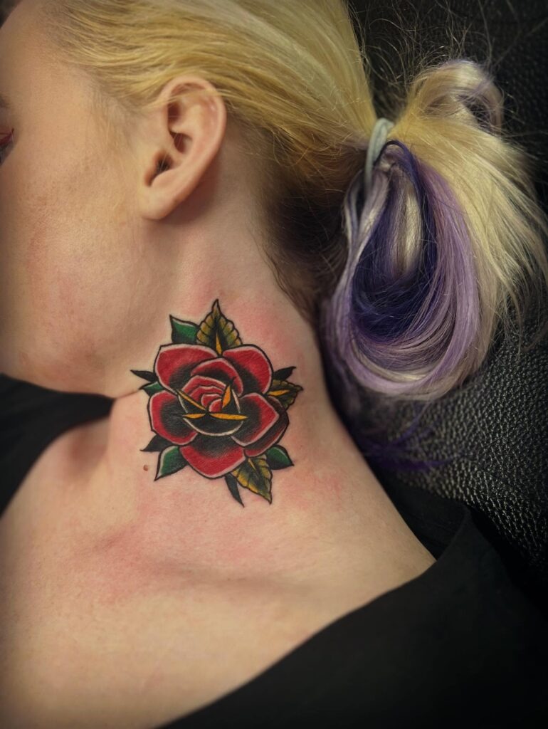 Traditional Red Rose Tattoo on Neck Tattoo Design
