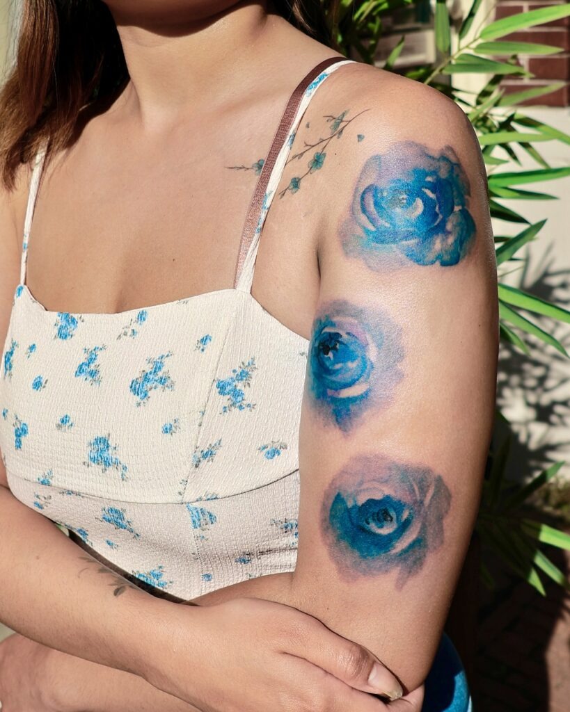 Watercolor Blue Rose Tattoos on Arm Tattoo Design