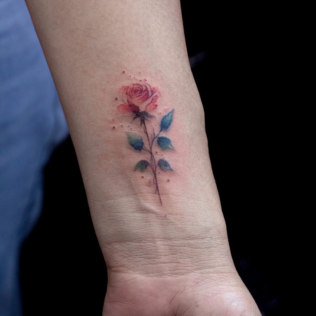 Watercolor Rose Tattoo on Wrist Tattoo Design