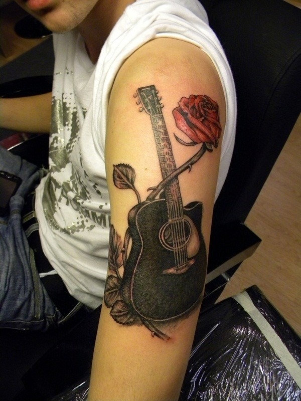 Guitar with Long Stemmed Rose Tattoo Design