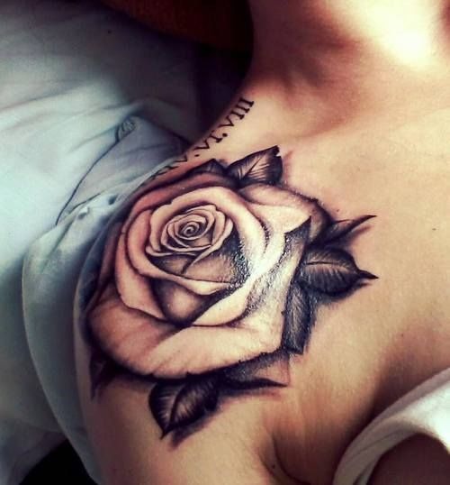 Simple Black Outilined Rose on Shoulder Tattoo Design