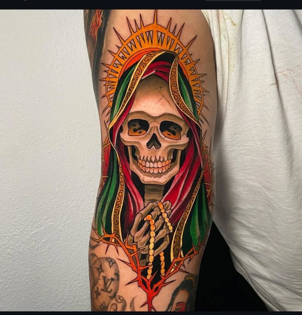 Bold Santa Muerte Tattoo with Vibrant Details Tattoo Design
