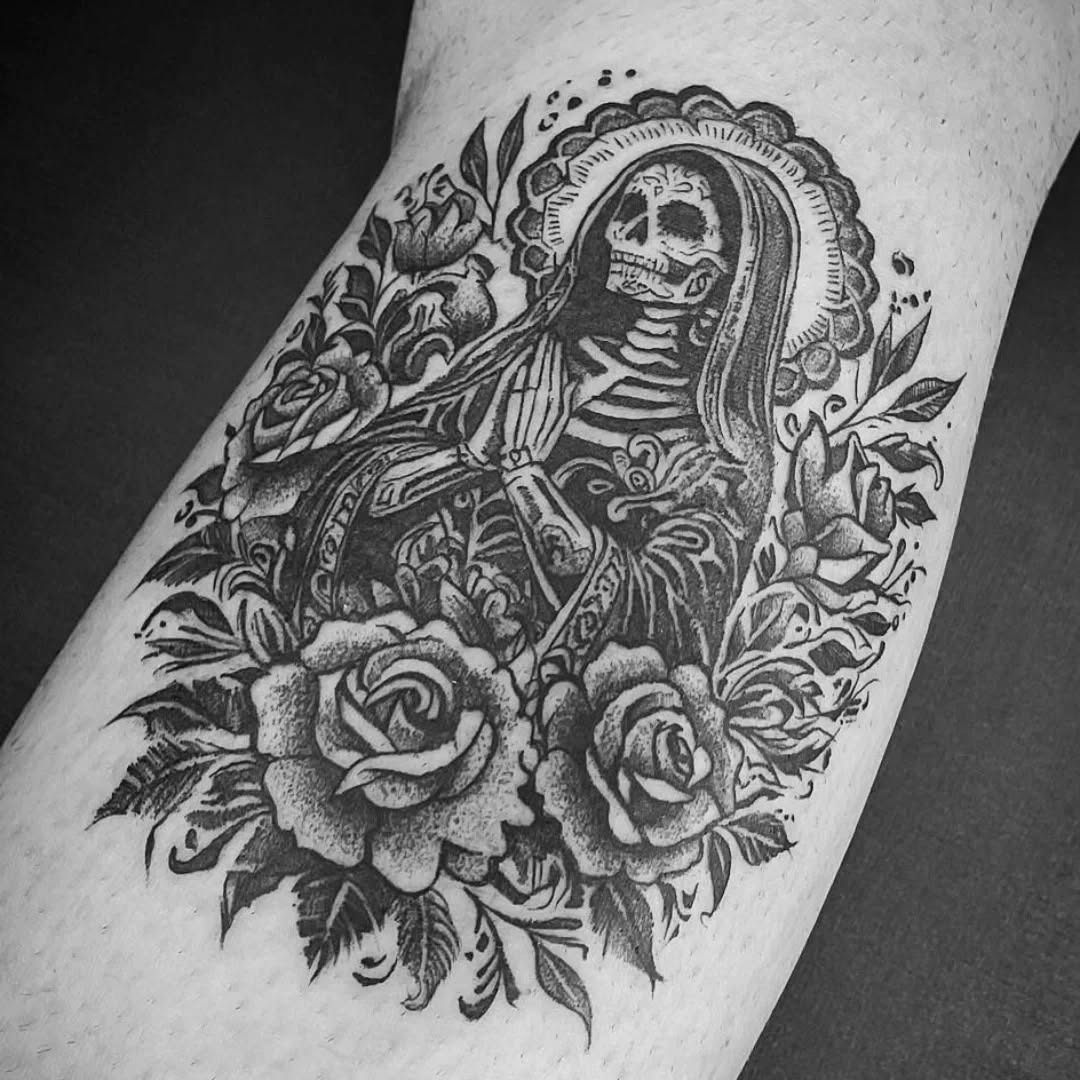 Elegant Santa Muerte Tattoo Surrounded by Roses Tattoo Design