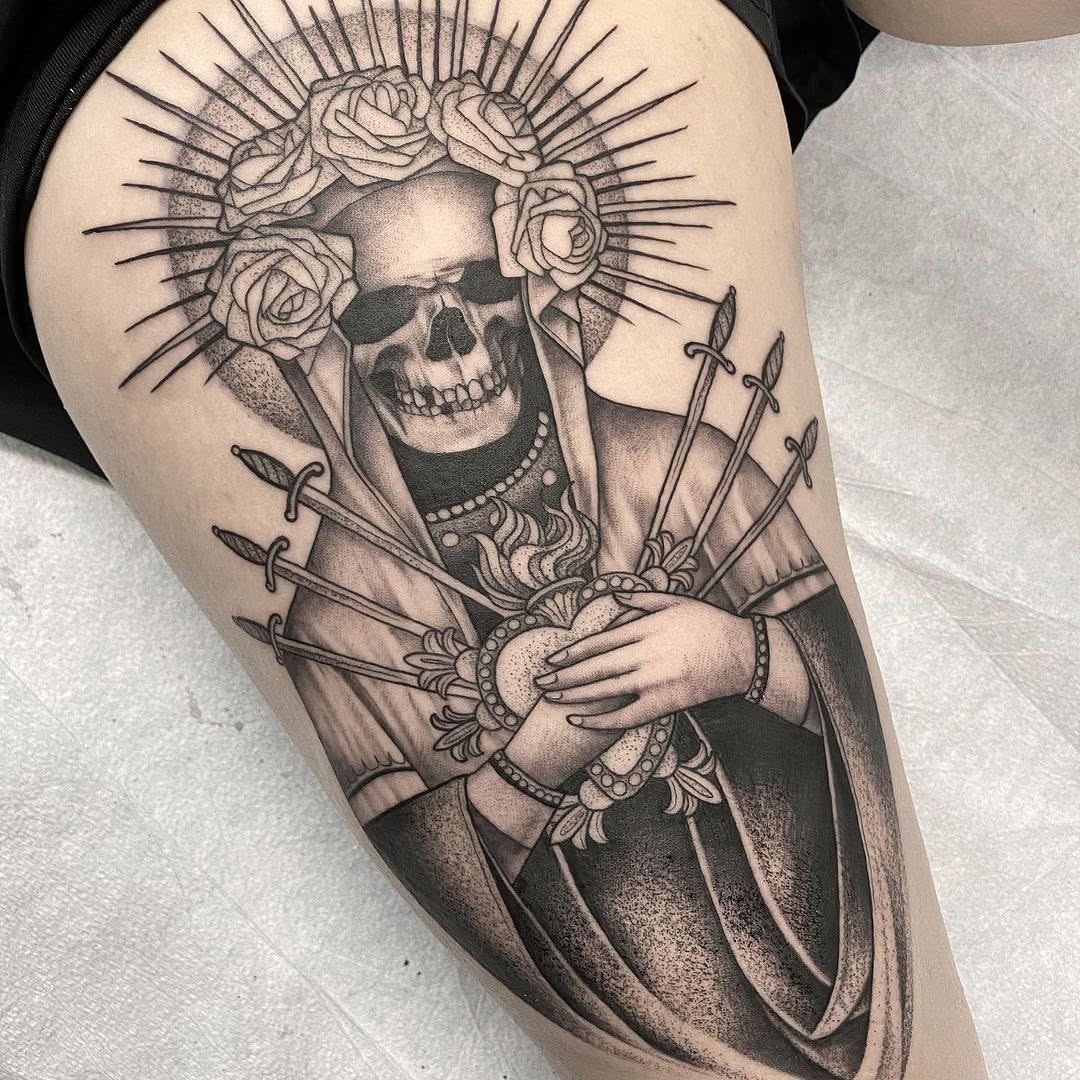 Intricate Santa Muerte Tattoo with Gothic Elements Tattoo Design