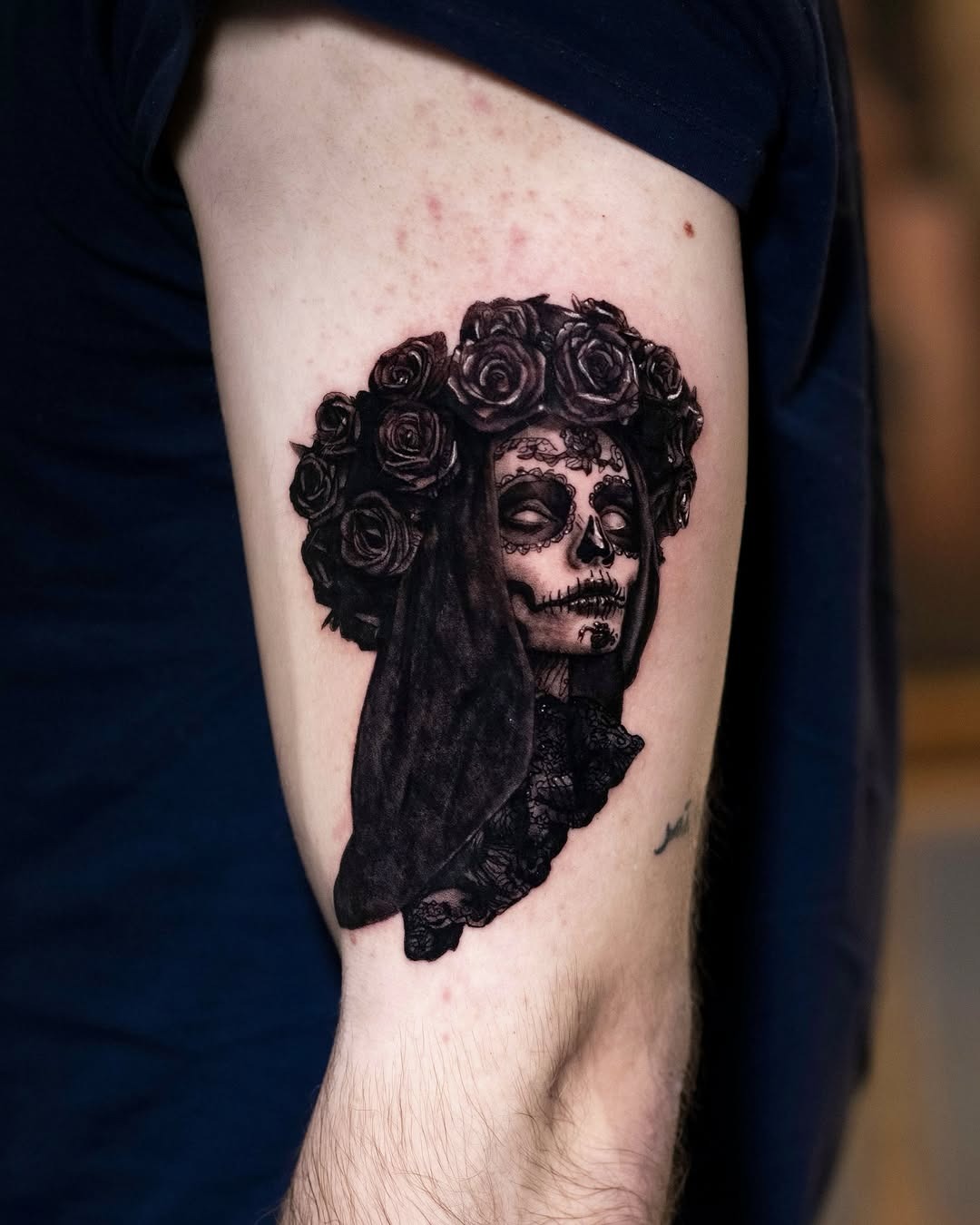 Intricate Santa Muerte tattoo with roses and veil Tattoo Design