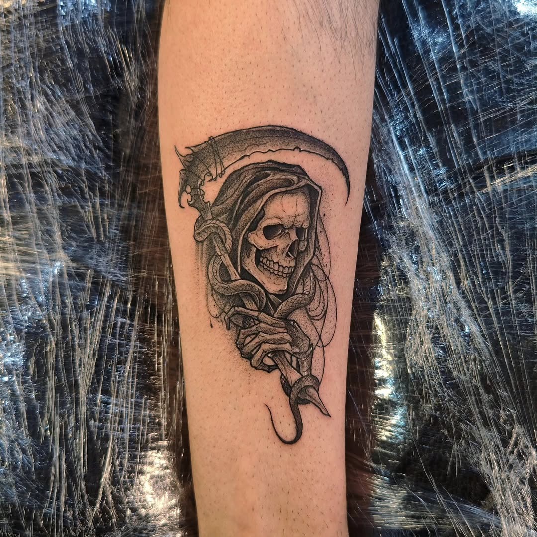 Intricate Santa Muerte tattoo with skull and scythe Tattoo Design