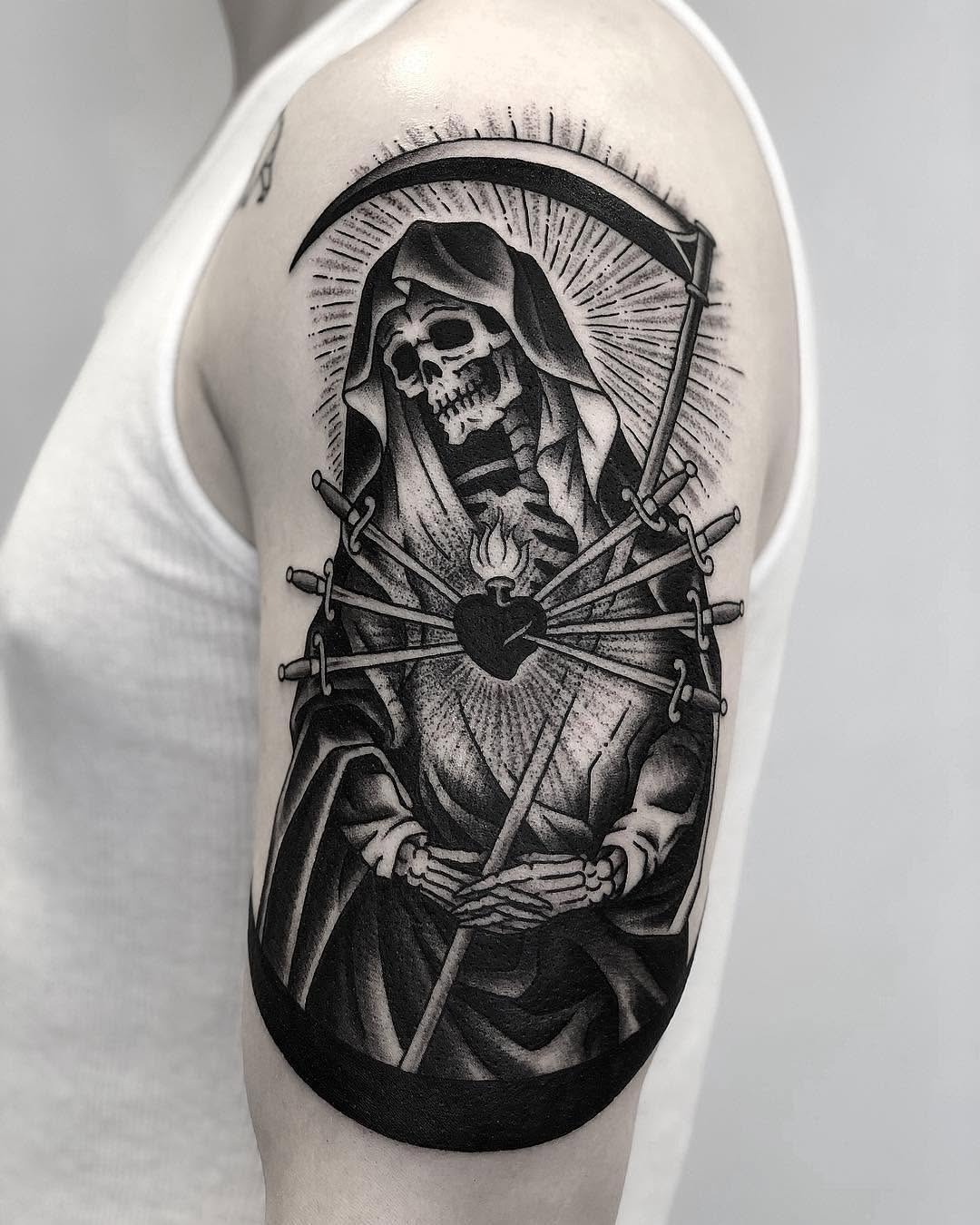 Striking Santa Muerte tattoo with swords and heart Tattoo Design