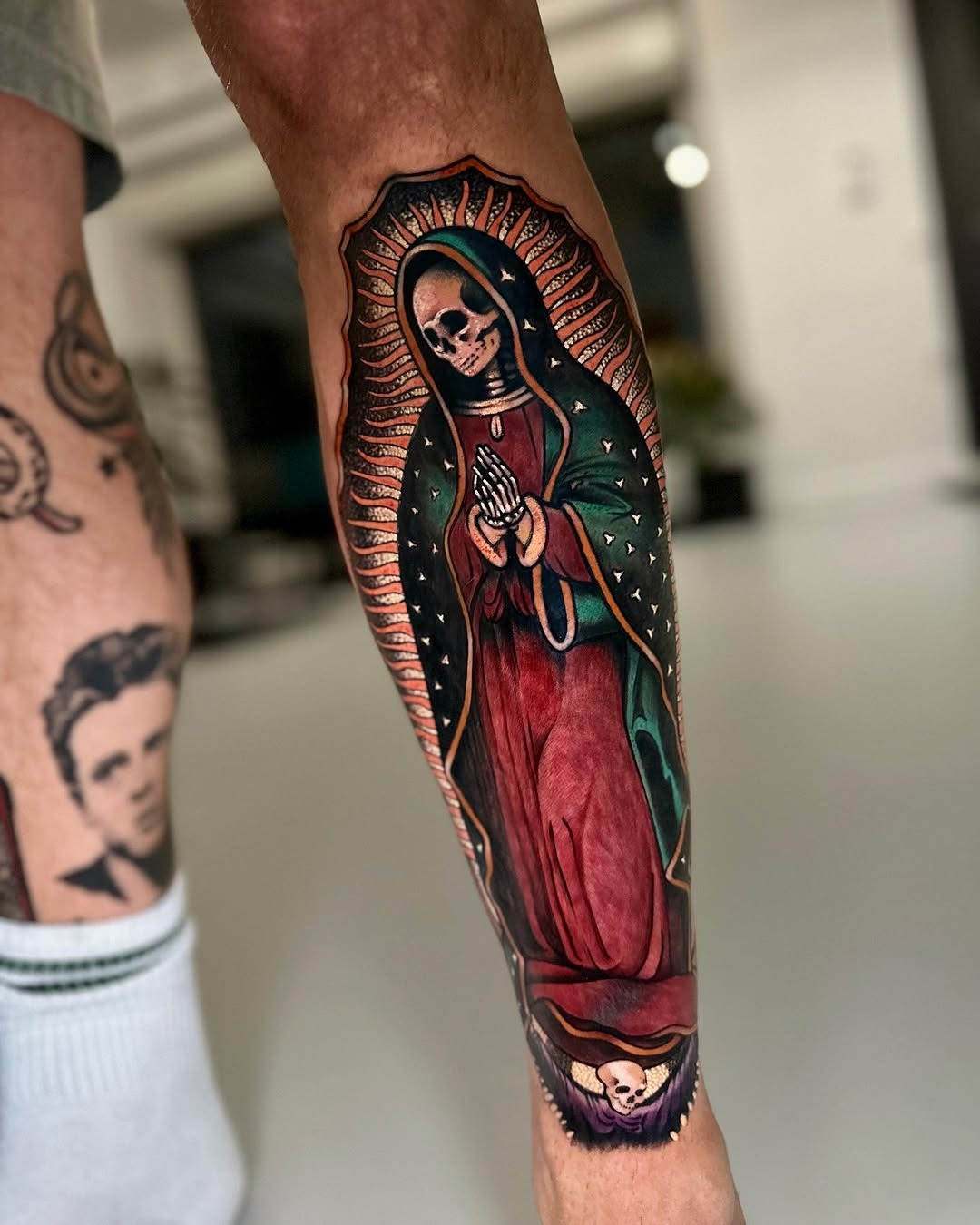 Vibrant Santa Muerte leg tattoo art Tattoo Design